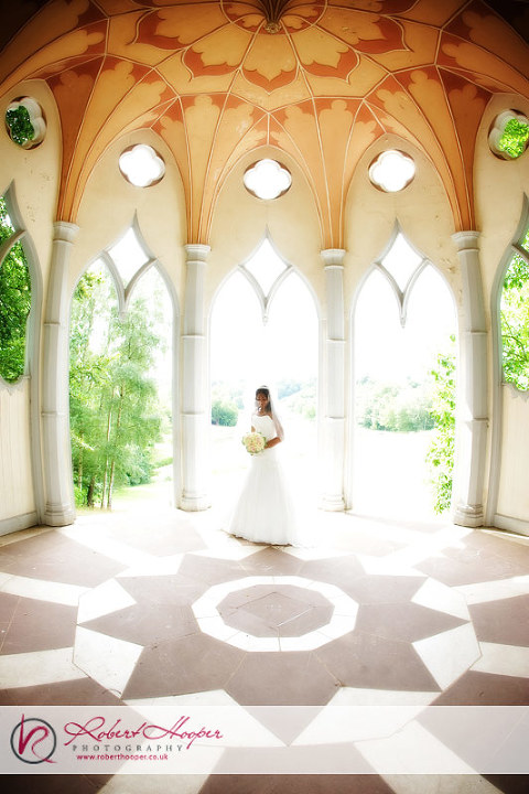 Bridal photography in the old temple at Painshill Park