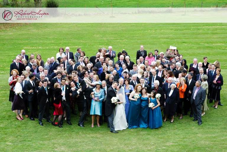 Fun group wedding photo at Stanhill Court Hotel, Surrey