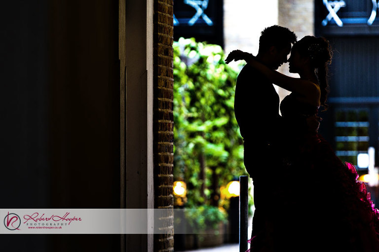 Romantic silhouette  of bride and groom engagement 