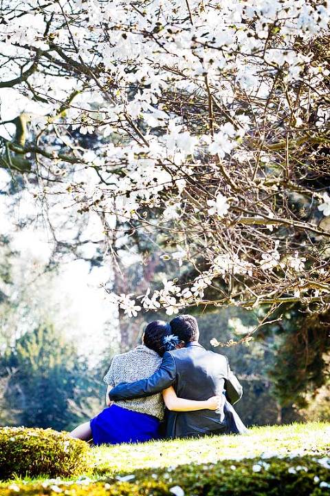 Engaged couple sitting under tree