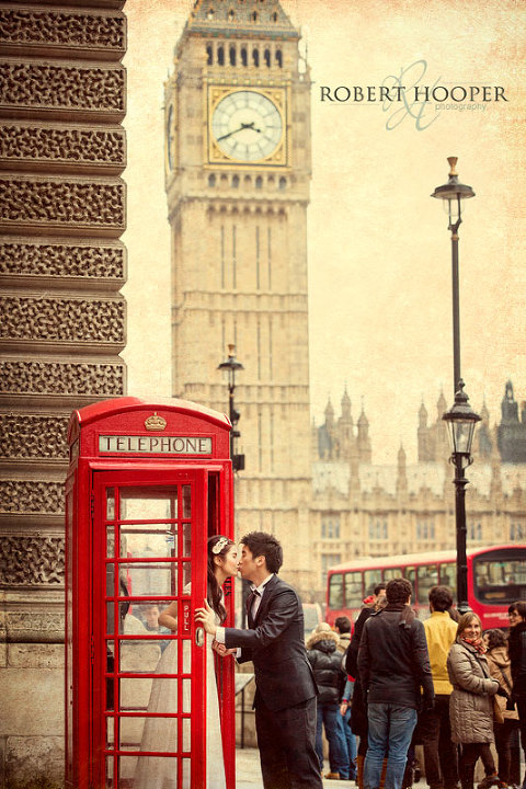 Quirky vintage London pre-wedding photography with red telephone box and Big Ben