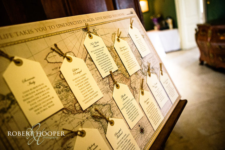 Wedding table seating plan with capital cities as theme at wedding breakfast at Addington Palace, Croydon in Surrey
