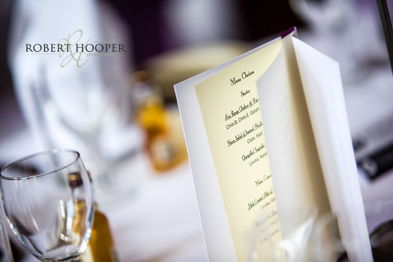 Menu for wedding breakfast in the Great Hall at Addington Palace in Surrey