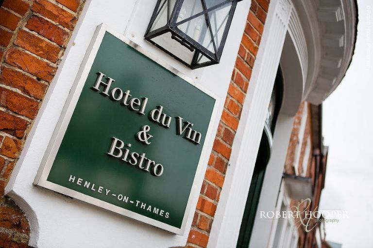 Sign outside Hotel Du Vin and Bistro where Bridal preparations took place for summer wedding at Henley on Thames in Surrey