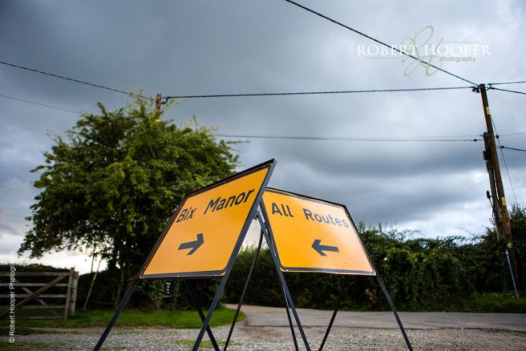 Traffic road signs for Bix Manor on wedding day in August, Henley-on-Thames, Oxfordshire
