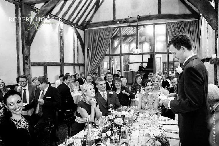 Groom's speech at wedding breakfast in Great Tithe Barn at Bix Manor, Henley-on-Thames, Oxfordshire