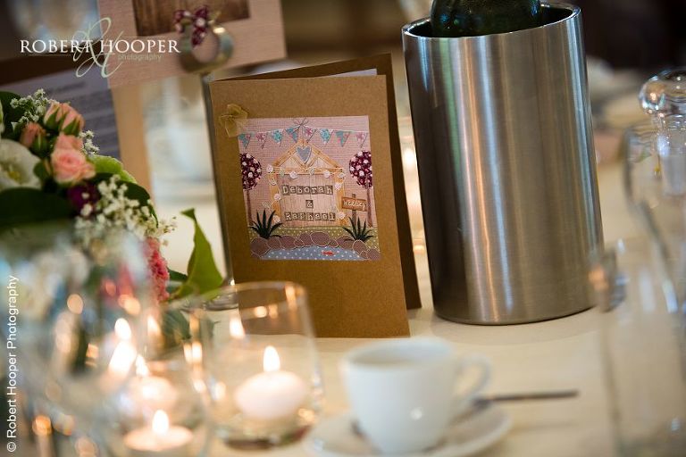 Table decorations for wedding breakfast at Coltsford Mill, Oxted in Surrey