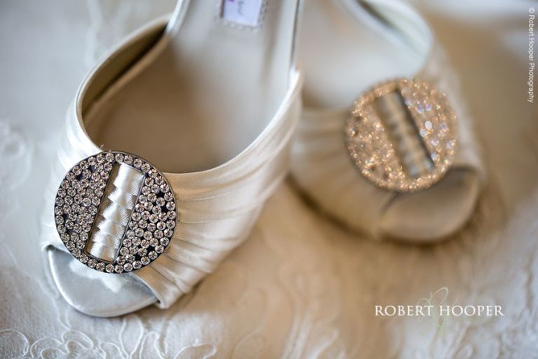 Rainbow wedding shoes and diamond buckle on the fronts ready for bride on her wedding day