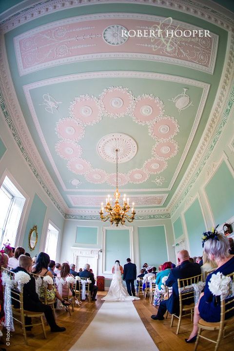 Shot of ornate ceiling in the Green Room during civil wedding ceremony at Botleys Mansion in Chertsey, Surrey