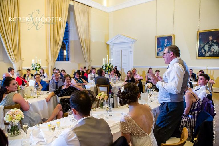 Father of the bride's speech during wedding breakfast at Farnham Castle Surrey