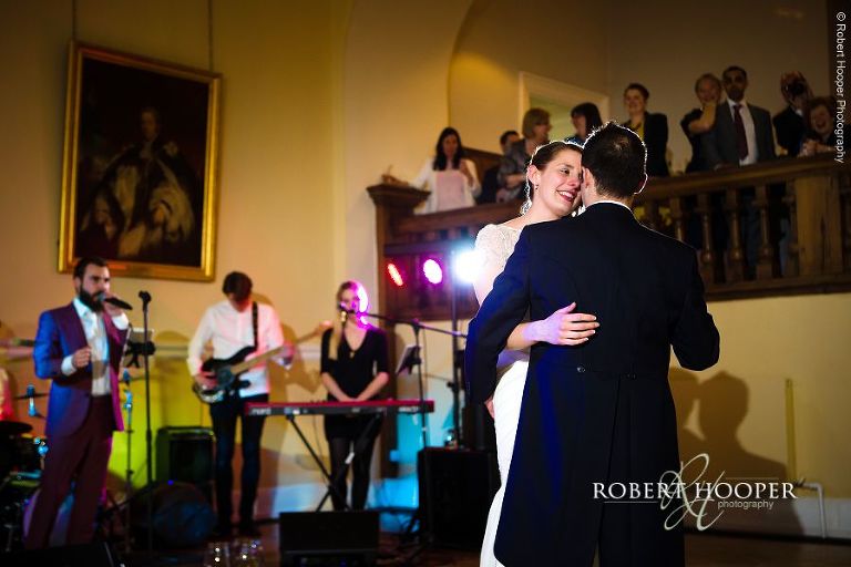Bride and groom's first dance to a band at Farnham Castle in Surrey