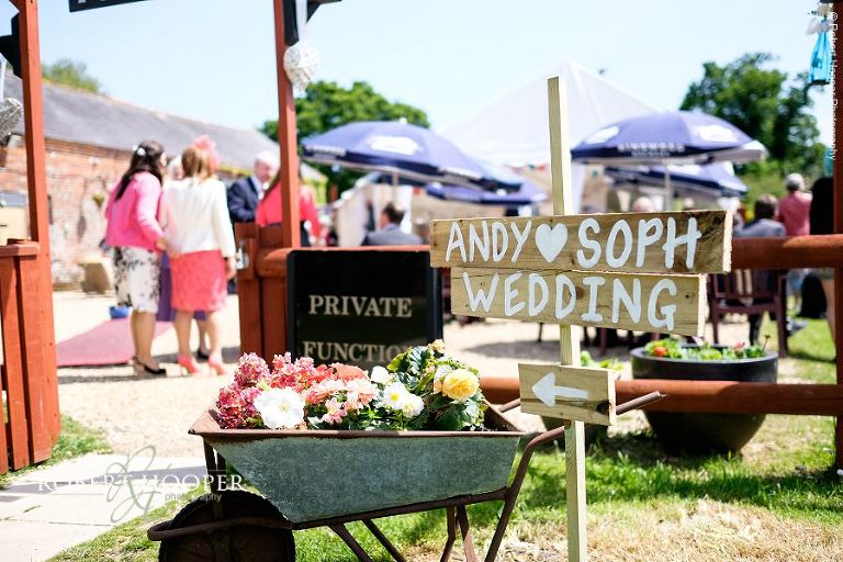 Wooden sign pointing wedding guests to summer wedding reception at The Three Tuns in Dorset