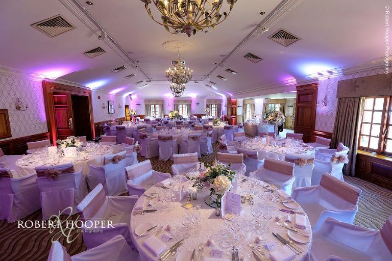 Balmoral room set for wedding breakfast at Pennyhill Park in Bagshot, Surrey