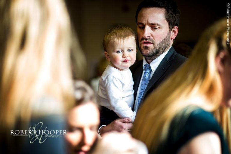 Wedding guests at drinks reception held at Bookham Baptist Church Surrey