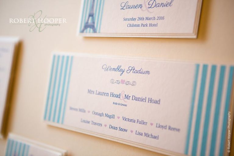 Close up image of table plan using world stadium names for wedding breakfast at Chilston Park in Kent