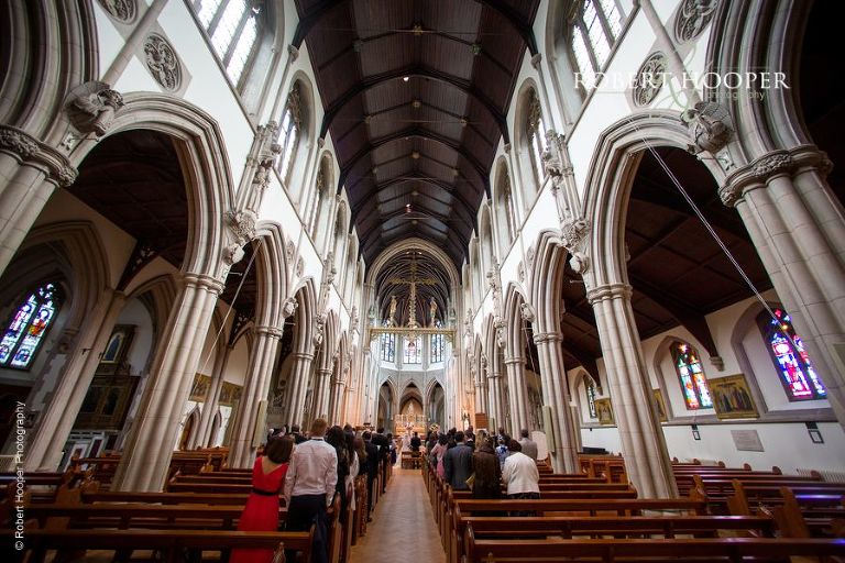 View from the back of Sacred Heart Church in Wimbledon on summer wedding day