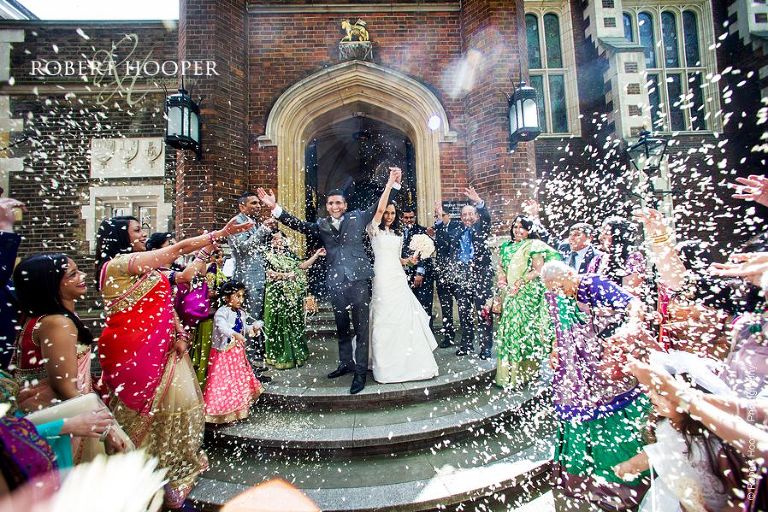 Bride and groom showered with confetti by their guests after their legal ceremony at Middle Temple London