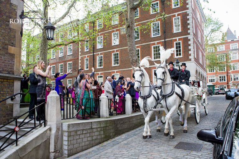 Horse and cart for bride and groom after wedding celebration at Middle Temple London