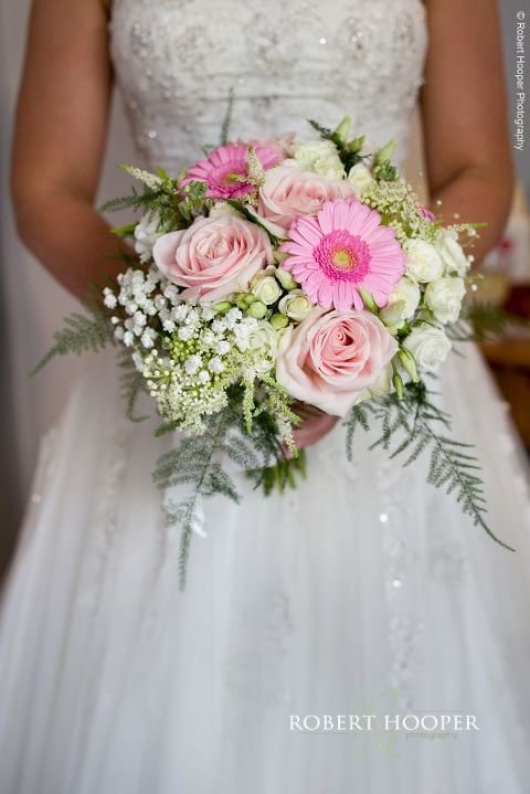 Bride's bouquet of pink and white flowers for wedding day at The Crown Inn Pishill Oxfordshire