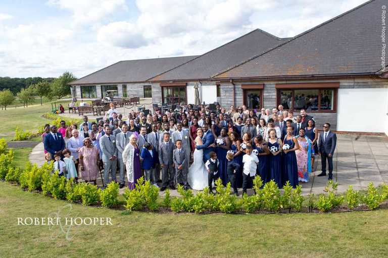 All wedding guests group shot at Farleigh Golf Club Warlingham Surrey