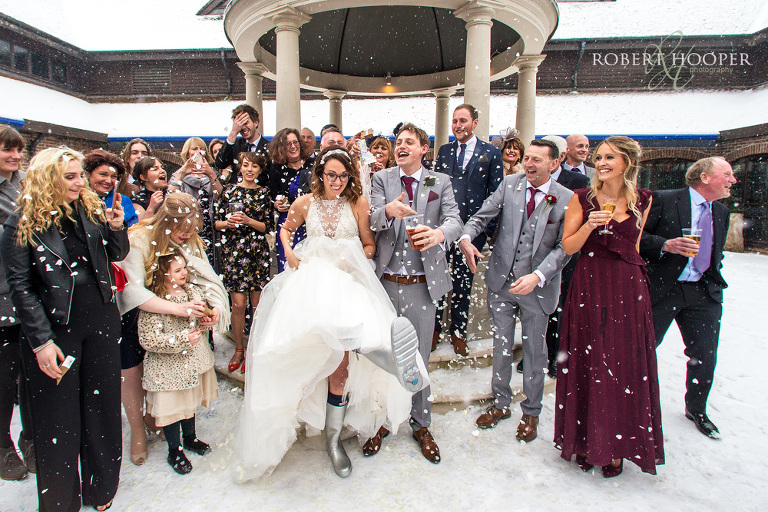 bride with wellington boots on at Denbies